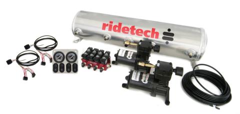 Ridepro Analog 4 Way Air Suspension Control System W/ 5 Gallon Tank 2 Air Compressors 5 Gallon Tank Ridepro Electric Valve 1/4 Inch Airline Fittings And A Control Panel W/ 4 Electric Switches And 2 Dual Needle Gauges Ridetech